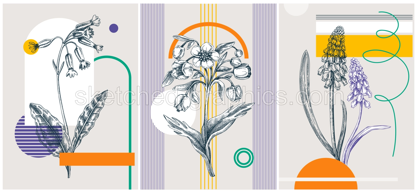 Collage-style spring flower vector illustration. Hand-sketched floral banner set. Trendy design with botanical elements and geometric shapes. Elegant wildflowers for sketch print, poster, and card Illustration